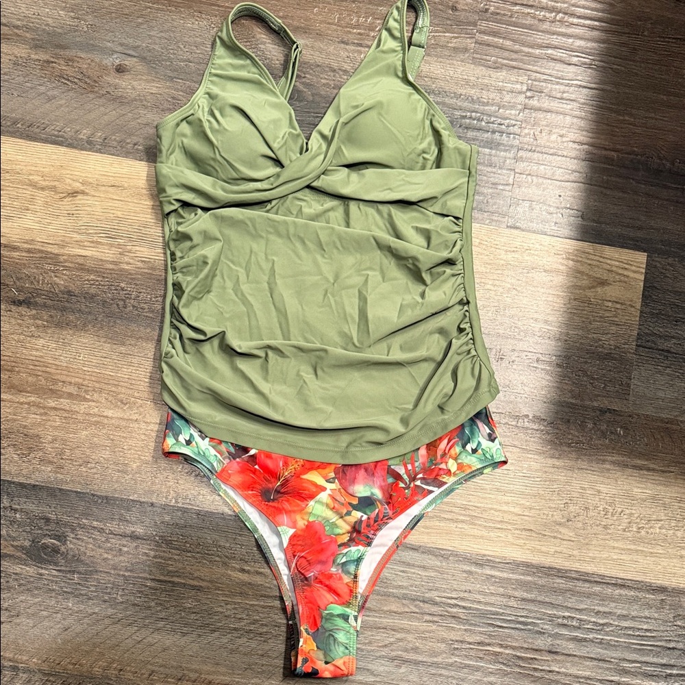 Green Tankini Top with Floral Bikini Bottom